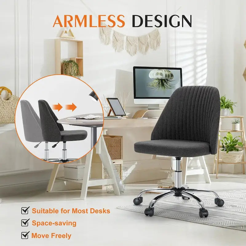 Chaise de bureau sans accoudoirs avec roulettes, pivotante et réglable, idéale pour les petits espaces.