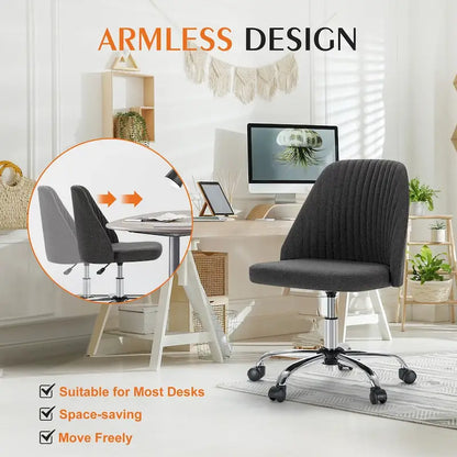 Chaise de bureau sans accoudoirs avec roulettes, pivotante et réglable, idéale pour les petits espaces.