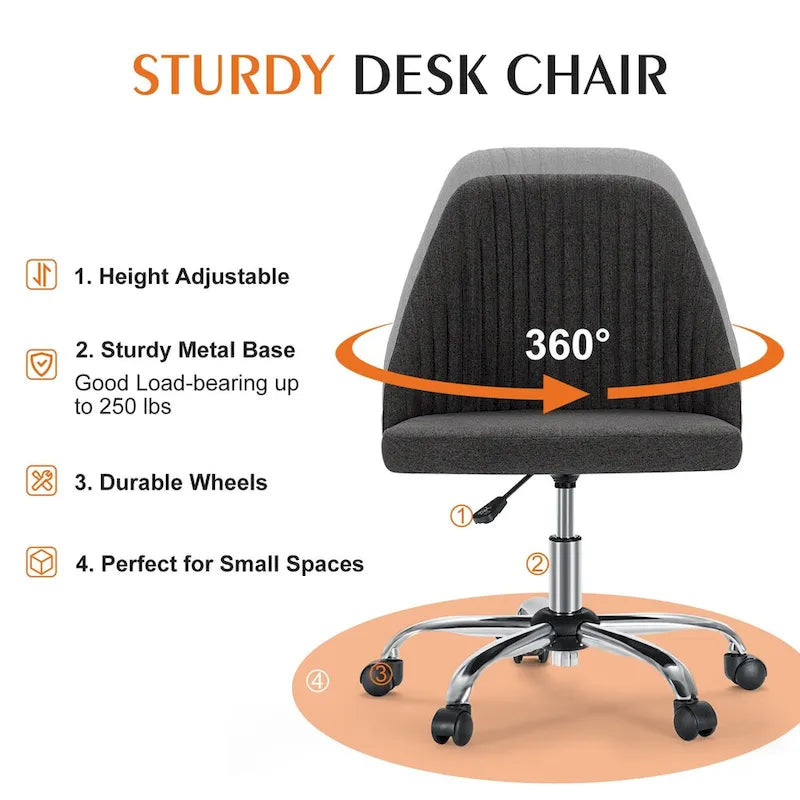 Chaise de bureau sans accoudoirs avec roulettes, pivotante et réglable, idéale pour les petits espaces.