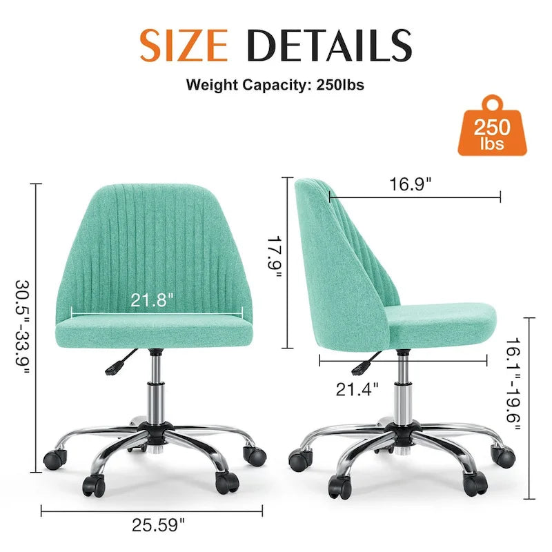 Chaise de bureau sans accoudoirs avec roulettes, pivotante et réglable, idéale pour les petits espaces.