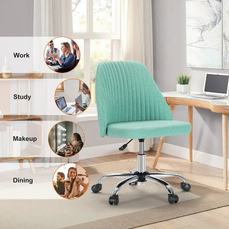 Chaise de bureau sans accoudoirs avec roulettes, pivotante et réglable, idéale pour les petits espaces.