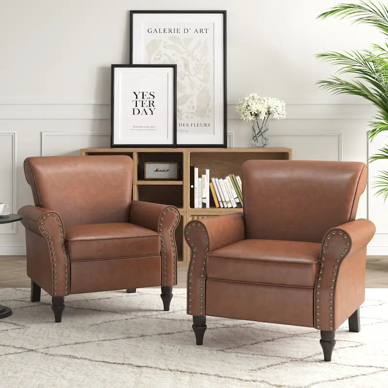 Fauteuil d'appoint en polyuréthane avec accoudoirs roulés et garniture cloutée (lot de 2)