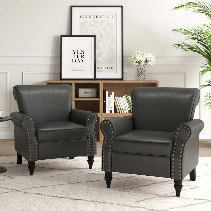 Fauteuil d'appoint en polyuréthane avec accoudoirs roulés et garniture cloutée (lot de 2)