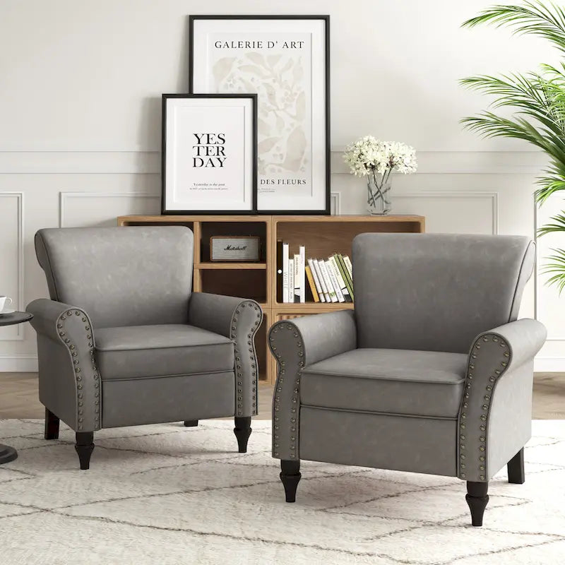 Fauteuil d'appoint en polyuréthane avec accoudoirs roulés et garniture cloutée (lot de 2)