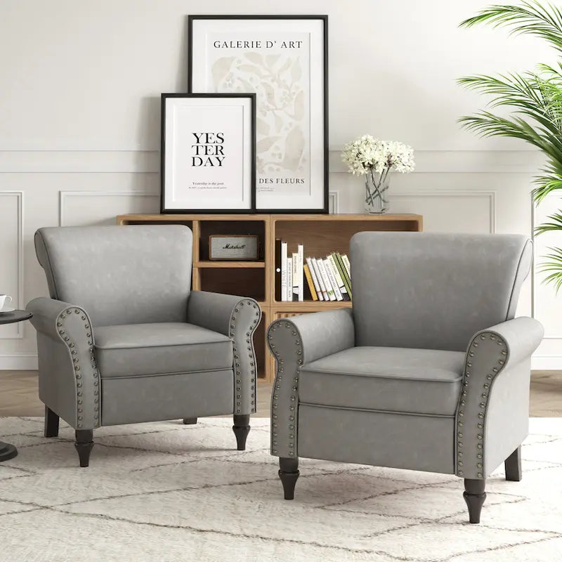 Fauteuil d'appoint en polyuréthane avec accoudoirs roulés et garniture cloutée (lot de 2)