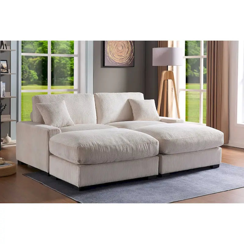 Canapé d'angle profond en velours côtelé avec pouf et coussins
