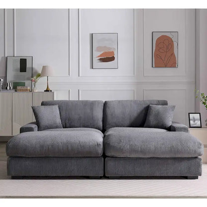 Canapé d'angle profond en velours côtelé avec pouf et coussins