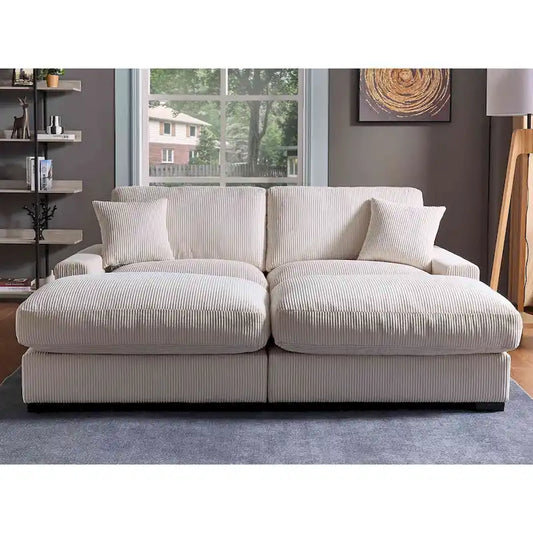 Canapé d'angle profond en velours côtelé avec pouf et coussins