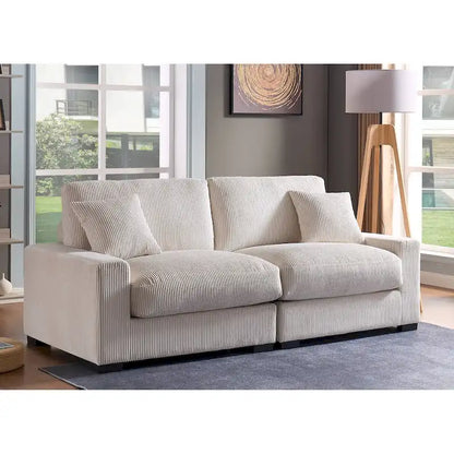 Canapé d'angle profond en velours côtelé avec pouf et coussins