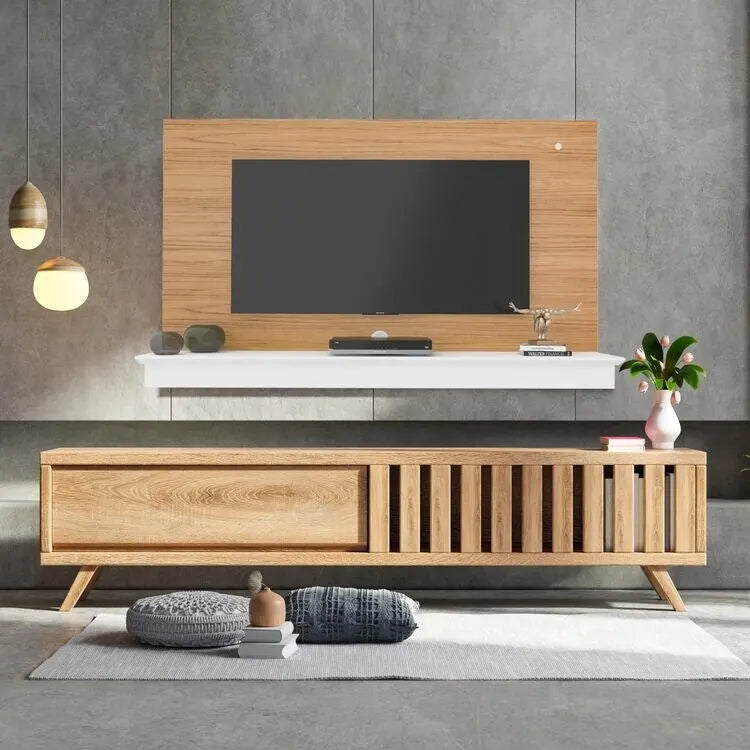 Meuble TV suspendu pour téléviseurs jusqu'à 55 pouces, panneau mural avec bande LED et étagère, support TV suspendu