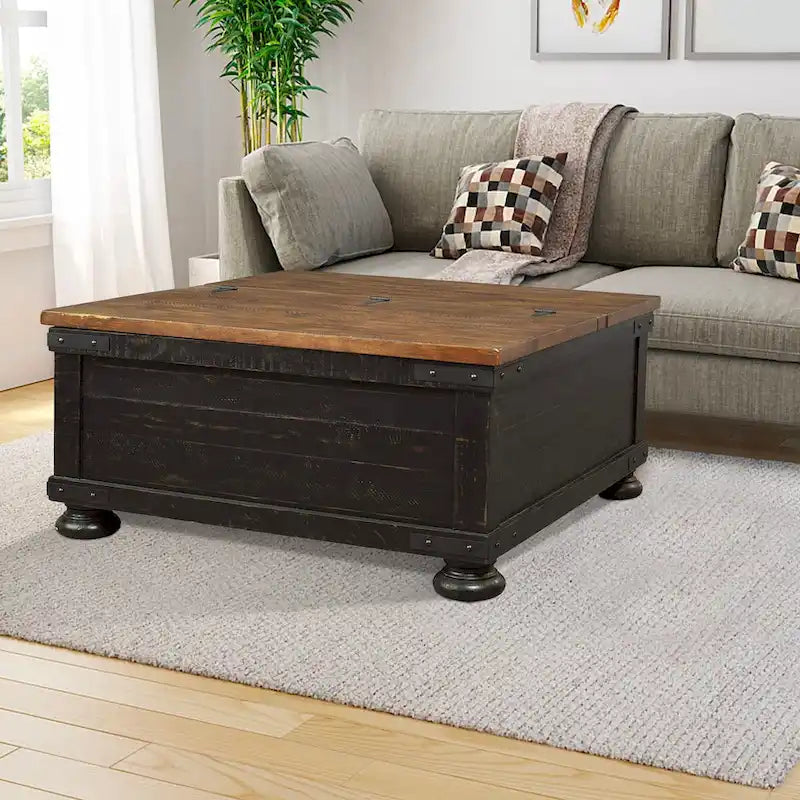 Table basse carrée en bois avec plateau relevable et coffre de rangement, marron et noir