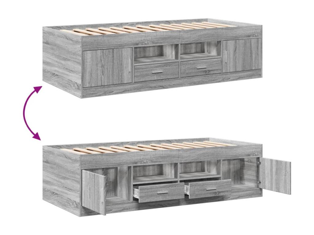 Lit en bois d'ingénierie, 75 x 190 cm, gris