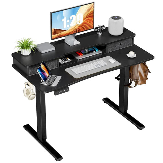Bureau assis-debout électrique réglable noir CUSchoice avec rangement et double tiroir pour bureau à domicile