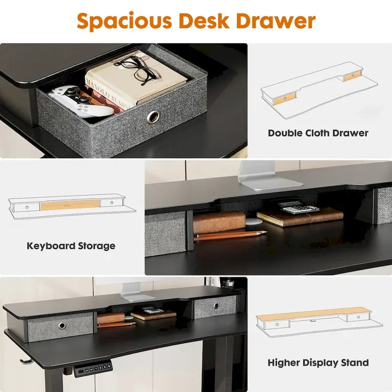 Bureau assis-debout électrique réglable noir CUSchoice avec rangement et double tiroir pour bureau à domicile