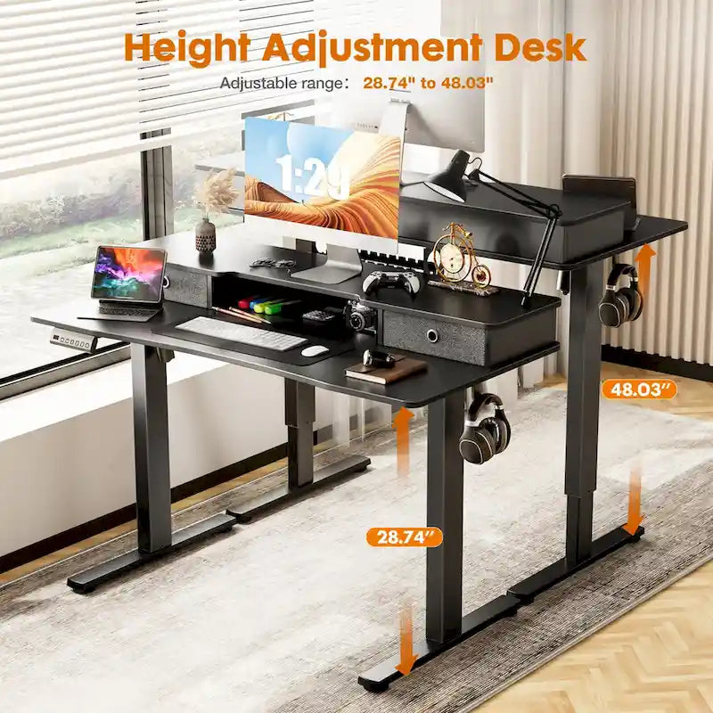 Bureau assis-debout électrique réglable noir CUSchoice avec rangement et double tiroir pour bureau à domicile