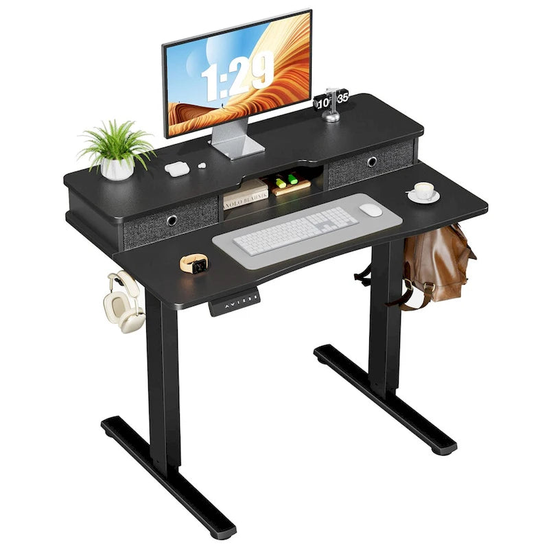 Bureau assis-debout électrique réglable noir CUSchoice avec rangement et double tiroir pour bureau à domicile