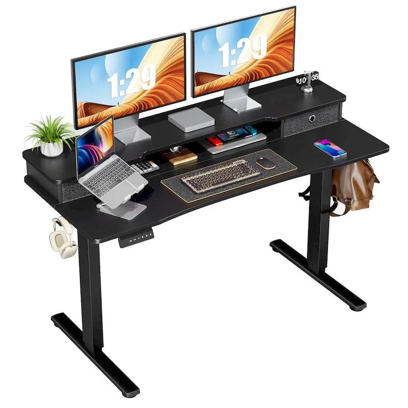 Bureau assis-debout électrique réglable noir CUSchoice avec rangement et double tiroir pour bureau à domicile