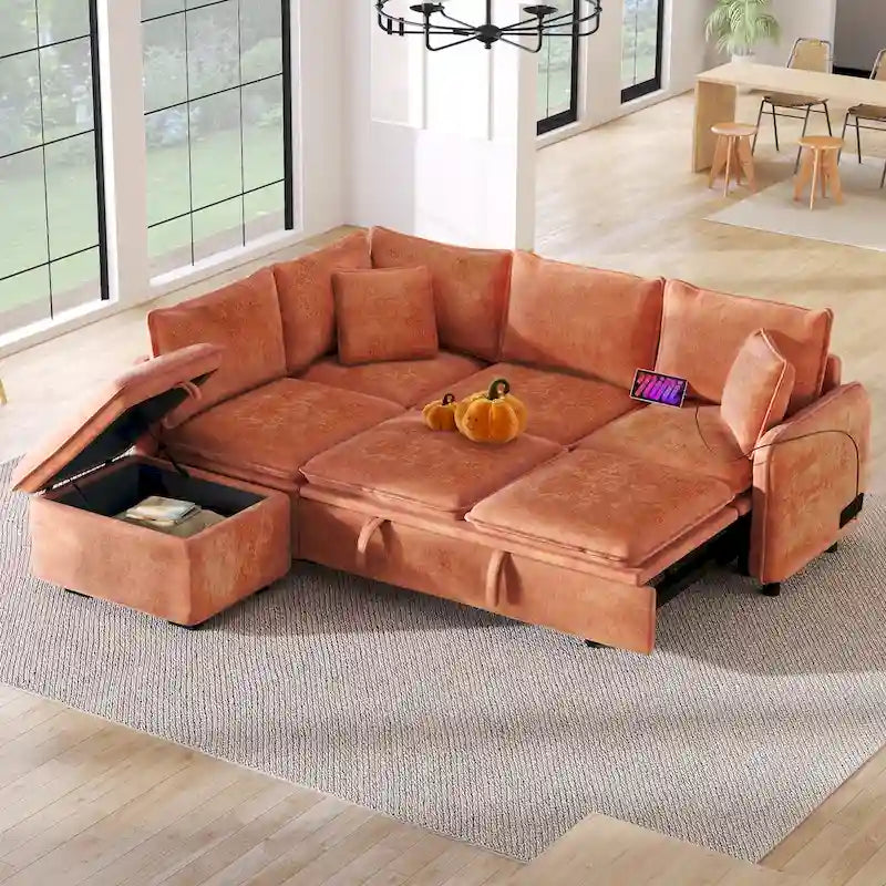 Canapé-lit convertible d'angle, canapé-lit en L, pouf, deux coussins, prises électriques et port USB, orange