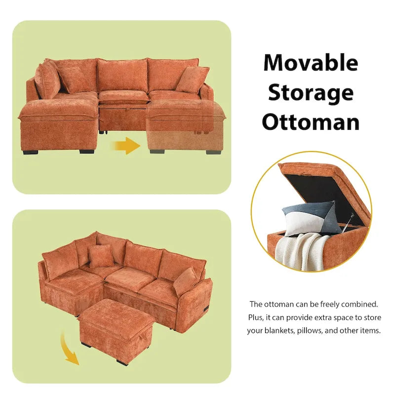 Canapé-lit convertible d'angle, canapé-lit en L, pouf, deux coussins, prises électriques et port USB, orange