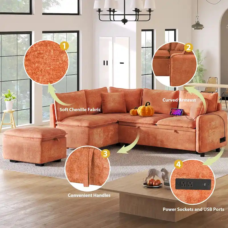 Canapé-lit convertible d'angle, canapé-lit en L, pouf, deux coussins, prises électriques et port USB, orange