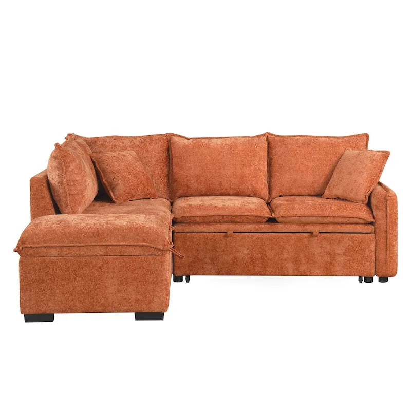 Canapé-lit convertible d'angle, canapé-lit en L, pouf, deux coussins, prises électriques et port USB, orange