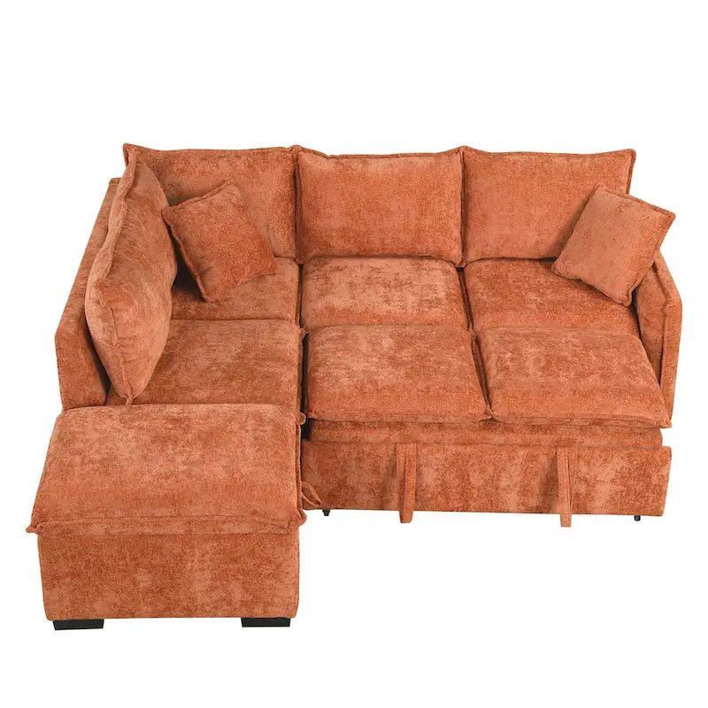 Canapé-lit convertible d'angle, canapé-lit en L, pouf, deux coussins, prises électriques et port USB, orange