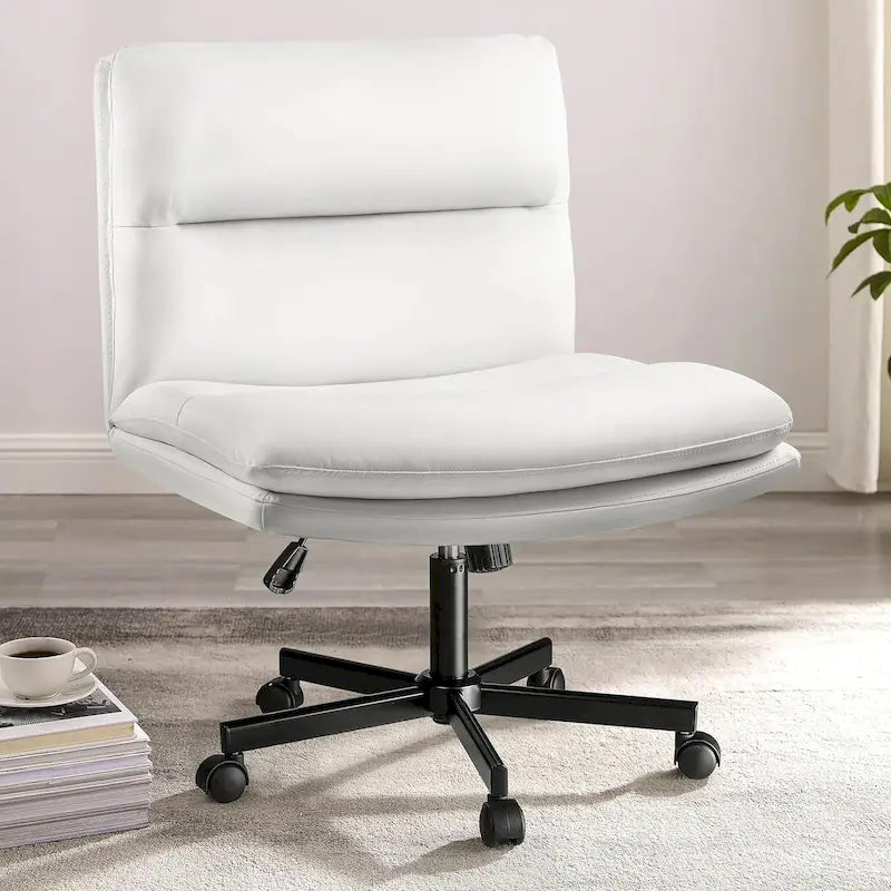 Chaise Bossin à assise croisée avec roulettes, chaise de bureau sans accoudoirs en cuir PU, chaise de coiffeuse à assise large et réglable