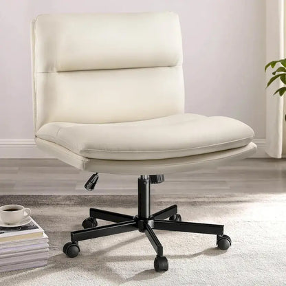 Chaise Bossin à assise croisée avec roulettes, chaise de bureau sans accoudoirs en cuir PU, chaise de coiffeuse à assise large et réglable
