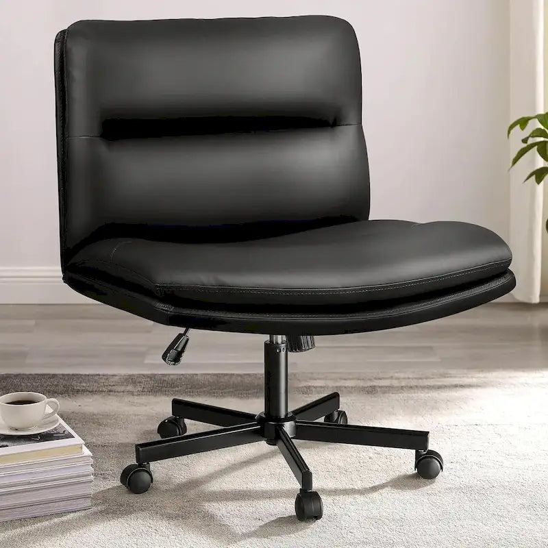 Chaise Bossin à assise croisée avec roulettes, chaise de bureau sans accoudoirs en cuir PU, chaise de coiffeuse à assise large et réglable
