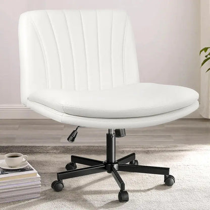 Chaise Bossin à assise croisée avec roulettes, chaise de bureau sans accoudoirs en cuir PU, chaise de coiffeuse à assise large et réglable
