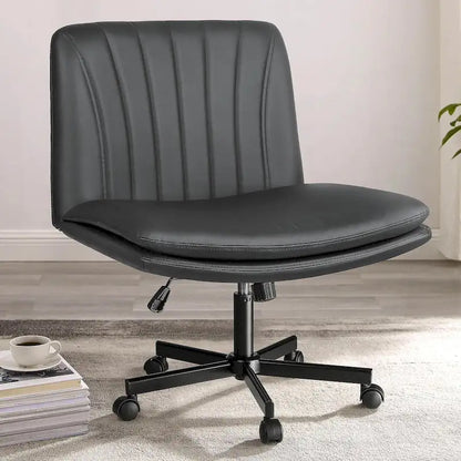 Chaise Bossin à assise croisée avec roulettes, chaise de bureau sans accoudoirs en cuir PU, chaise de coiffeuse à assise large et réglable