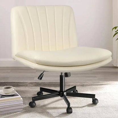 Chaise Bossin à assise croisée avec roulettes, chaise de bureau sans accoudoirs en cuir PU, chaise de coiffeuse à assise large et réglable
