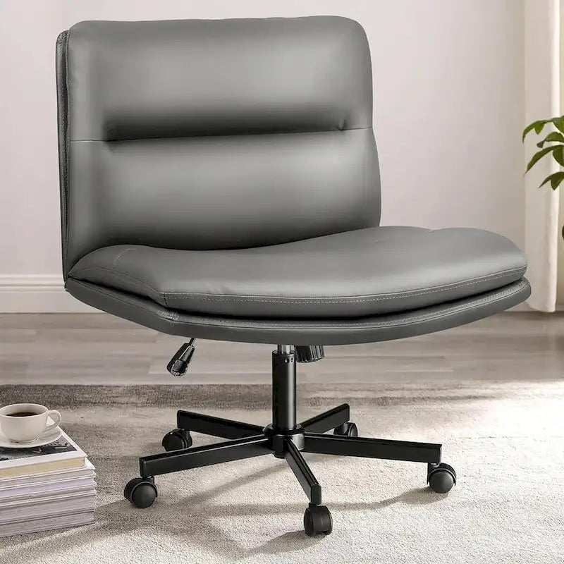 Chaise Bossin à assise croisée avec roulettes, chaise de bureau sans accoudoirs en cuir PU, chaise de coiffeuse à assise large et réglable