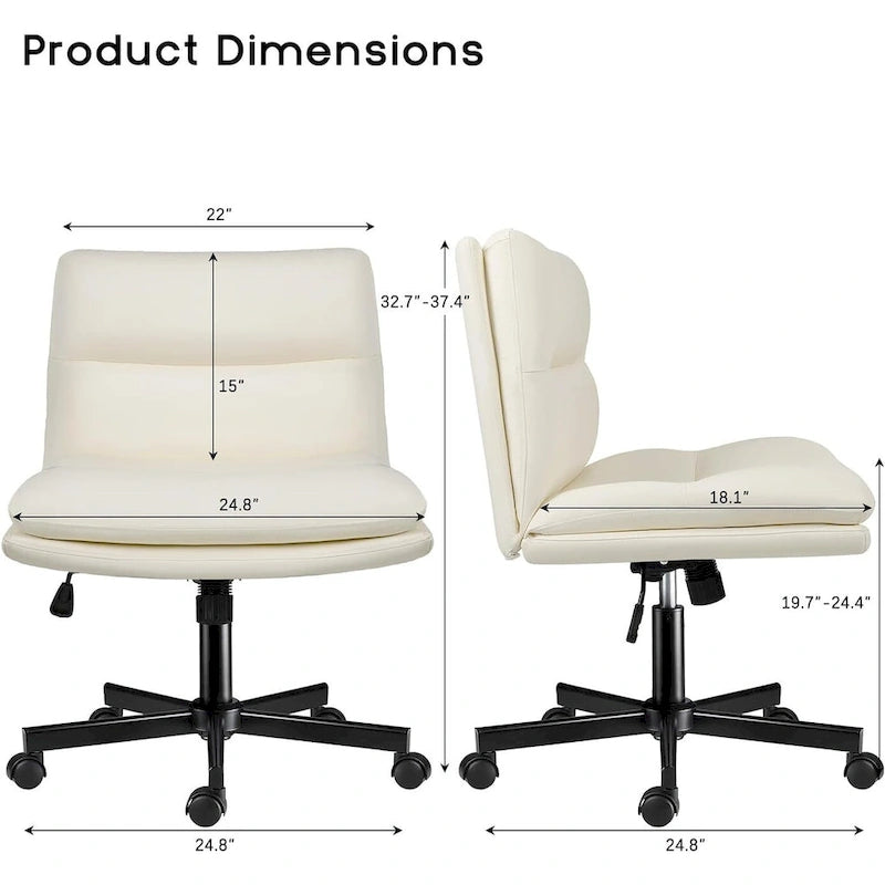 Chaise Bossin à assise croisée avec roulettes, chaise de bureau sans accoudoirs en cuir PU, chaise de coiffeuse à assise large et réglable