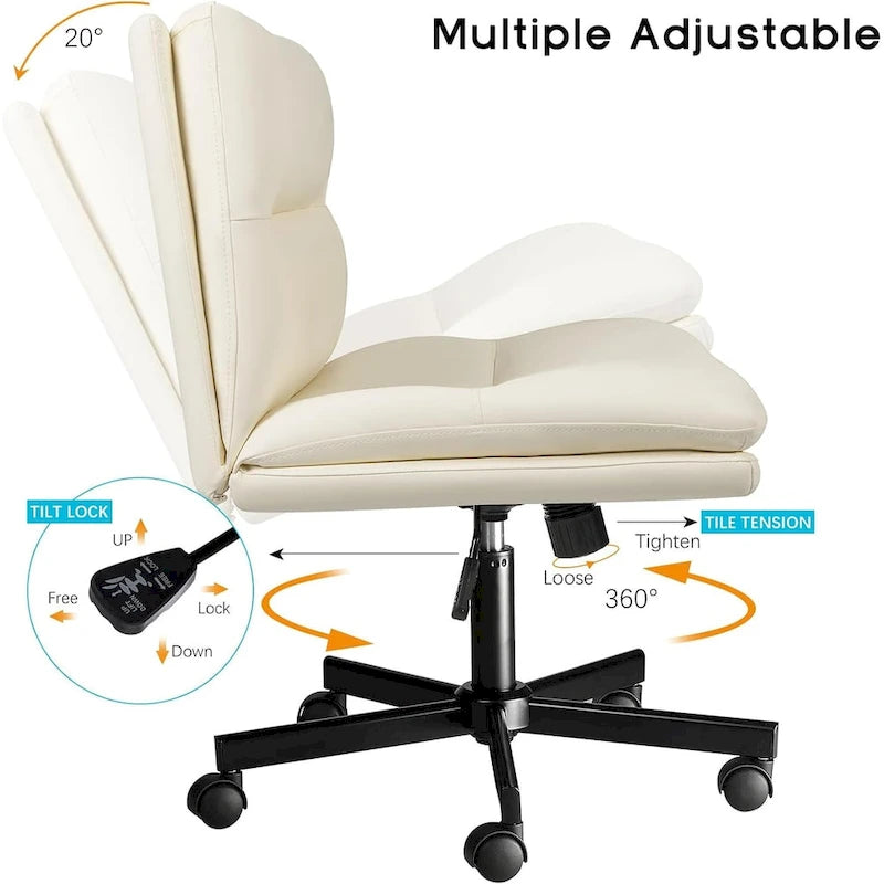 Chaise Bossin à assise croisée avec roulettes, chaise de bureau sans accoudoirs en cuir PU, chaise de coiffeuse à assise large et réglable