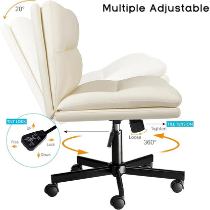 Chaise Bossin à assise croisée avec roulettes, chaise de bureau sans accoudoirs en cuir PU, chaise de coiffeuse à assise large et réglable