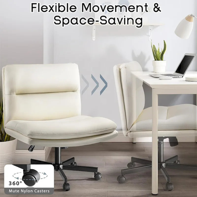 Chaise Bossin à assise croisée avec roulettes, chaise de bureau sans accoudoirs en cuir PU, chaise de coiffeuse à assise large et réglable