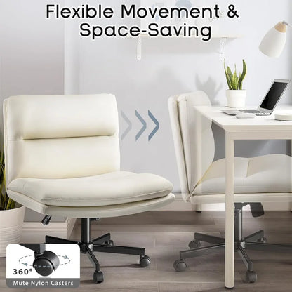 Chaise Bossin à assise croisée avec roulettes, chaise de bureau sans accoudoirs en cuir PU, chaise de coiffeuse à assise large et réglable