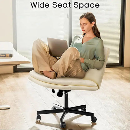 Chaise Bossin à assise croisée avec roulettes, chaise de bureau sans accoudoirs en cuir PU, chaise de coiffeuse à assise large et réglable