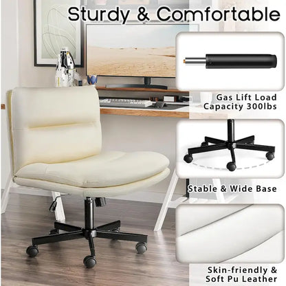 Chaise Bossin à assise croisée avec roulettes, chaise de bureau sans accoudoirs en cuir PU, chaise de coiffeuse à assise large et réglable