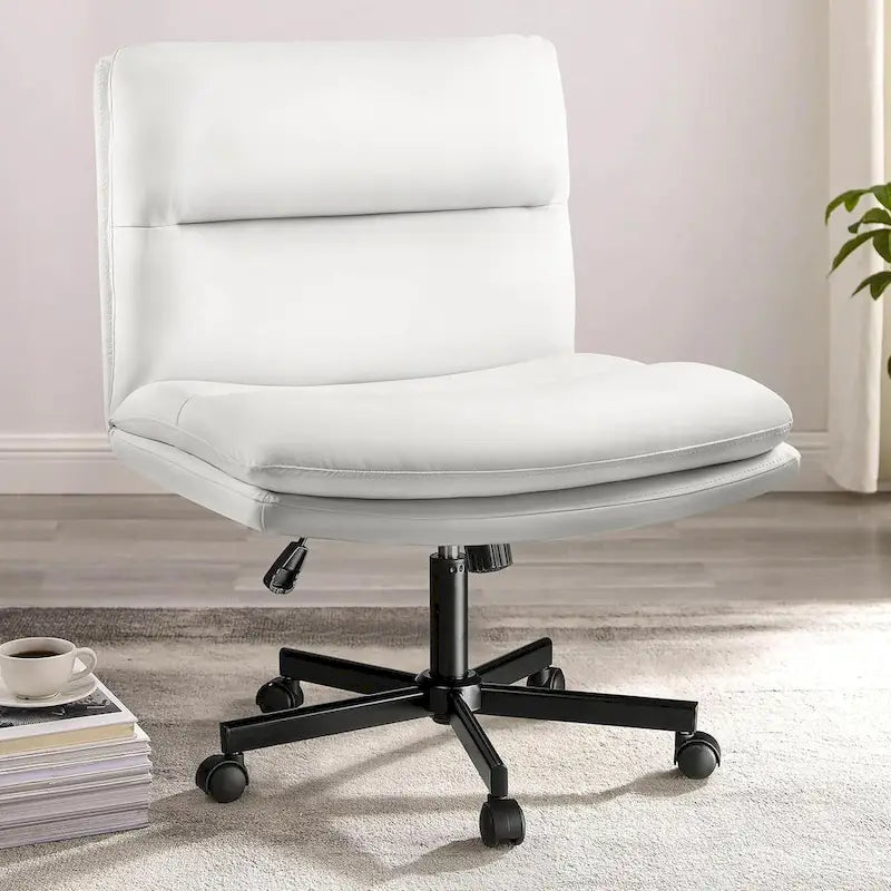 Chaise Bossin à assise croisée avec roulettes, chaise de bureau sans accoudoirs en cuir PU, chaise de coiffeuse à assise large et réglable