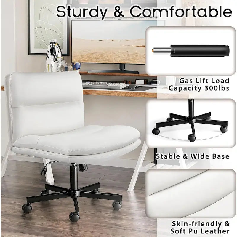 Chaise Bossin à assise croisée avec roulettes, chaise de bureau sans accoudoirs en cuir PU, chaise de coiffeuse à assise large et réglable