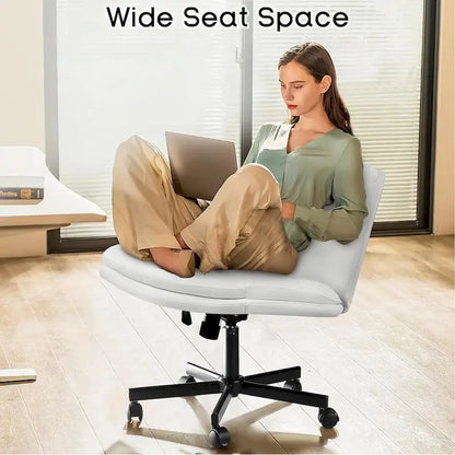 Chaise Bossin à assise croisée avec roulettes, chaise de bureau sans accoudoirs en cuir PU, chaise de coiffeuse à assise large et réglable