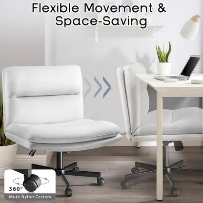 Chaise Bossin à assise croisée avec roulettes, chaise de bureau sans accoudoirs en cuir PU, chaise de coiffeuse à assise large et réglable