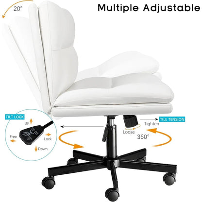 Chaise Bossin à assise croisée avec roulettes, chaise de bureau sans accoudoirs en cuir PU, chaise de coiffeuse à assise large et réglable