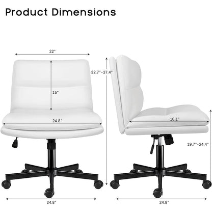 Chaise Bossin à assise croisée avec roulettes, chaise de bureau sans accoudoirs en cuir PU, chaise de coiffeuse à assise large et réglable
