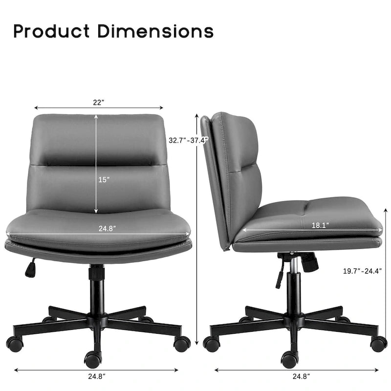 Chaise Bossin à assise croisée avec roulettes, chaise de bureau sans accoudoirs en cuir PU, chaise de coiffeuse à assise large et réglable