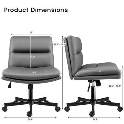 Chaise Bossin à assise croisée avec roulettes, chaise de bureau sans accoudoirs en cuir PU, chaise de coiffeuse à assise large et réglable