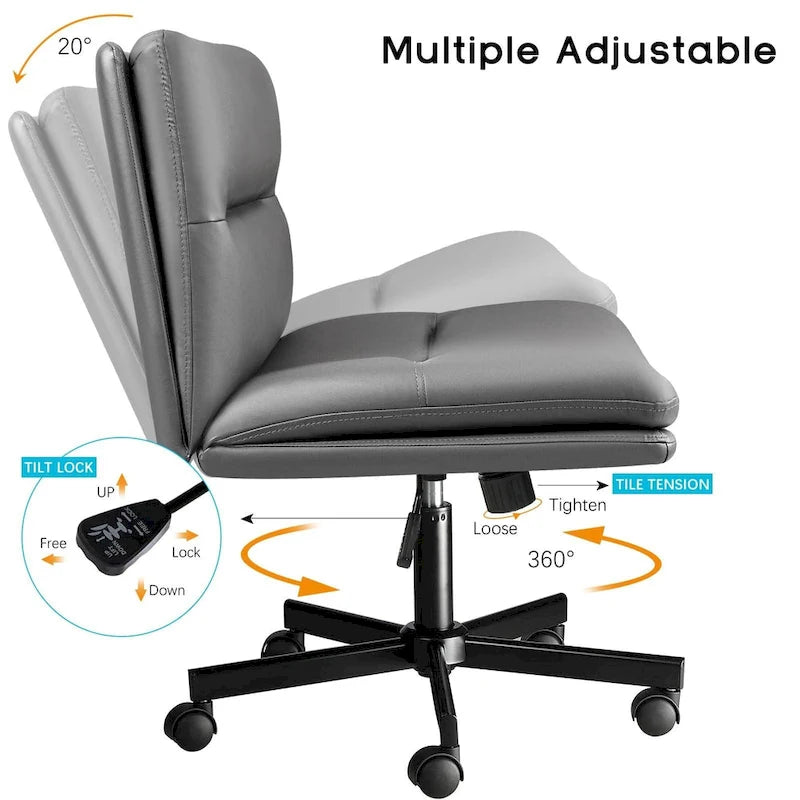 Chaise Bossin à assise croisée avec roulettes, chaise de bureau sans accoudoirs en cuir PU, chaise de coiffeuse à assise large et réglable
