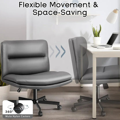 Chaise Bossin à assise croisée avec roulettes, chaise de bureau sans accoudoirs en cuir PU, chaise de coiffeuse à assise large et réglable